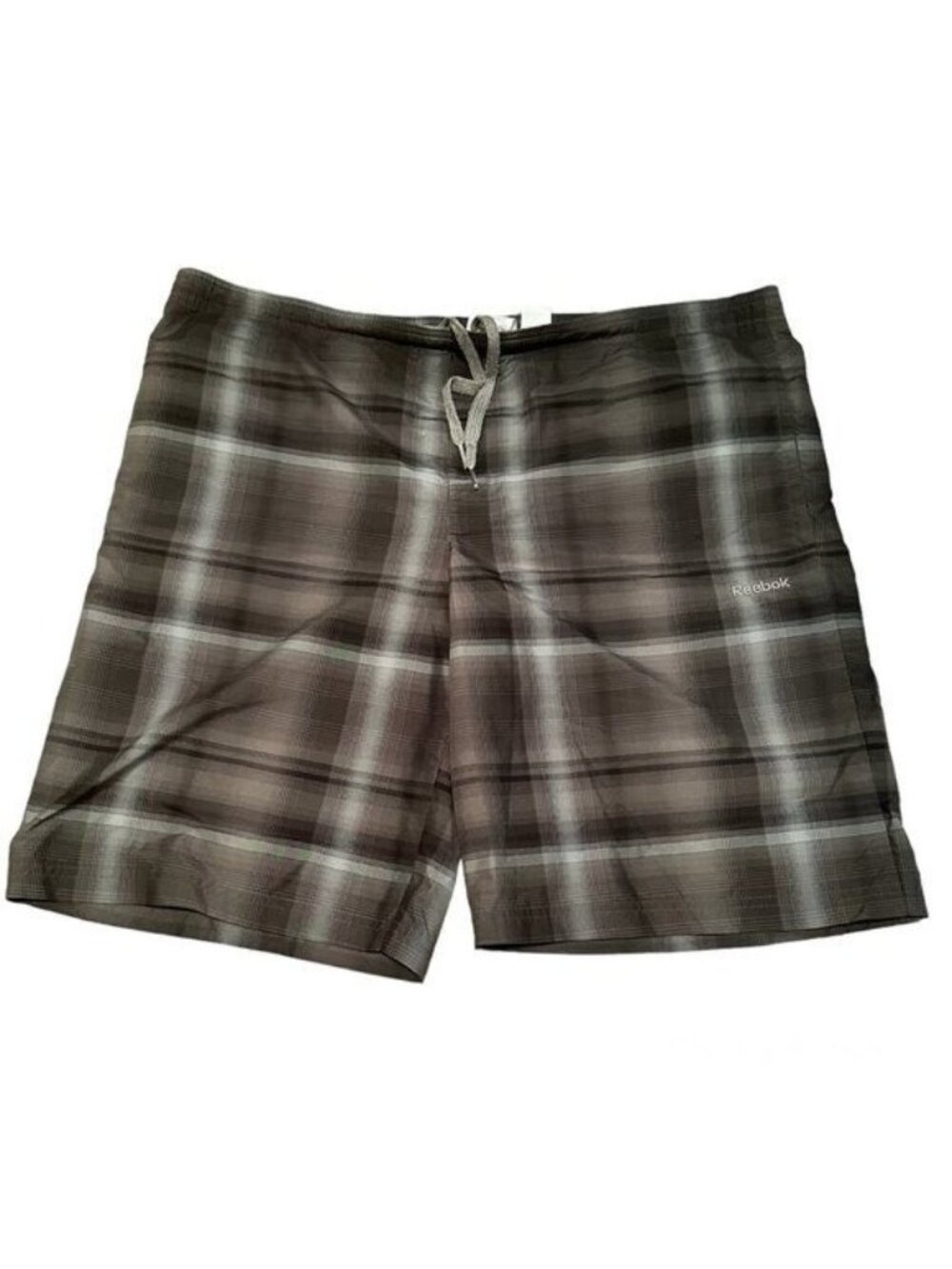 Reebok Board Shorts Mens L Gray Black Plaid Swim Trunks Lined Drawstring Beach
